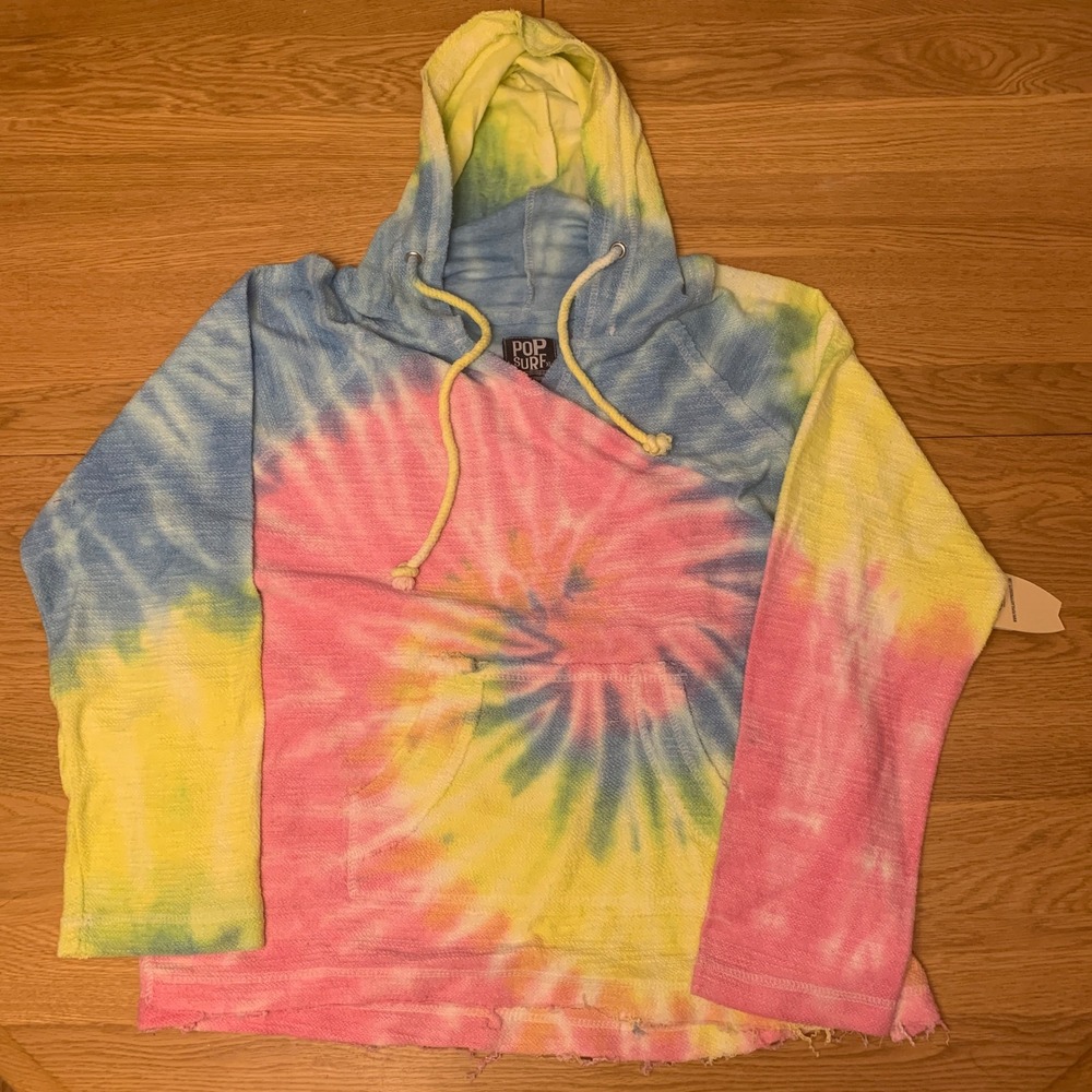 POP Surf Tie Dye Cropped Hoodie XL NWT Pastel Distressed Summer Pullover